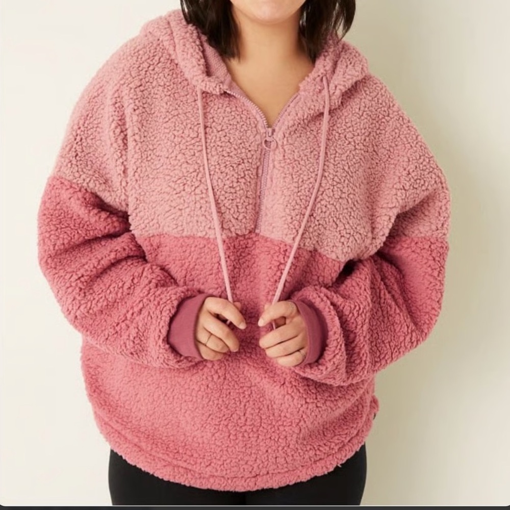 VS VICTORIAS SECRET PINK VARSITY SHERPA HALF ZIP SWEATER JACKET S